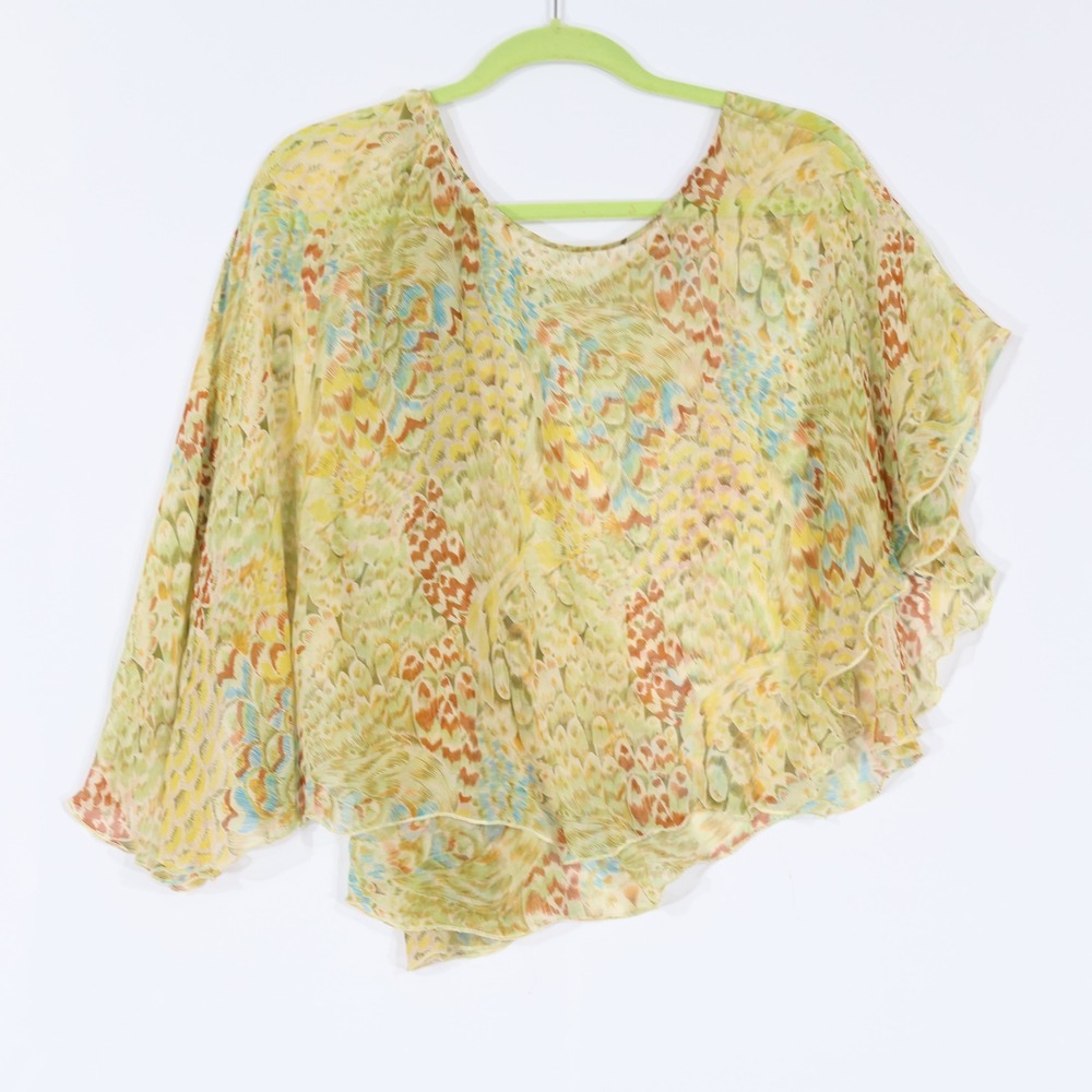 Tiny Anthropologie Pure Silk Poncho Women One Size Green Feather Boho Asymmetric